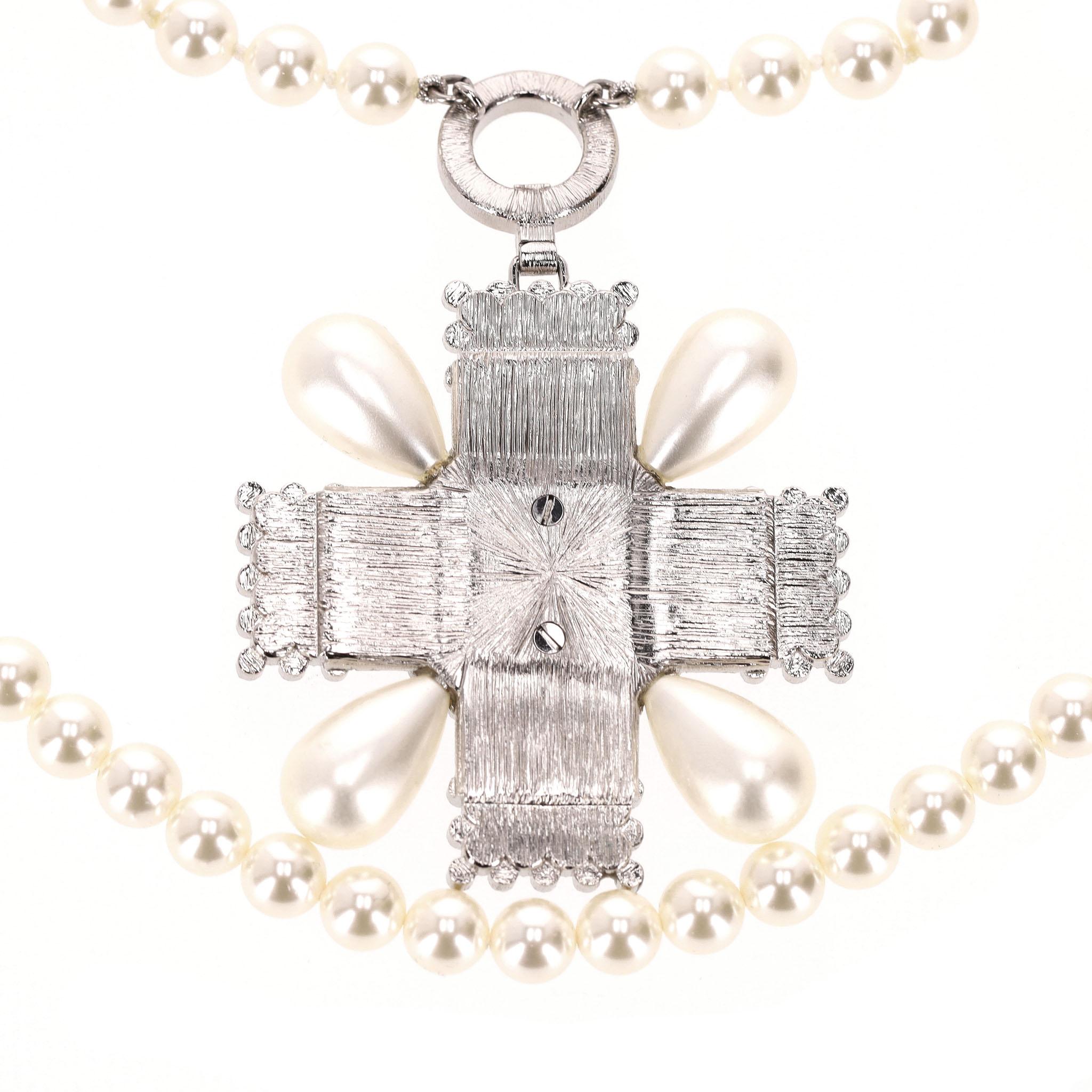 Chanel Double-Strand Pearl Necklace With Crystal Embellished Maltese Cross For Sale 4