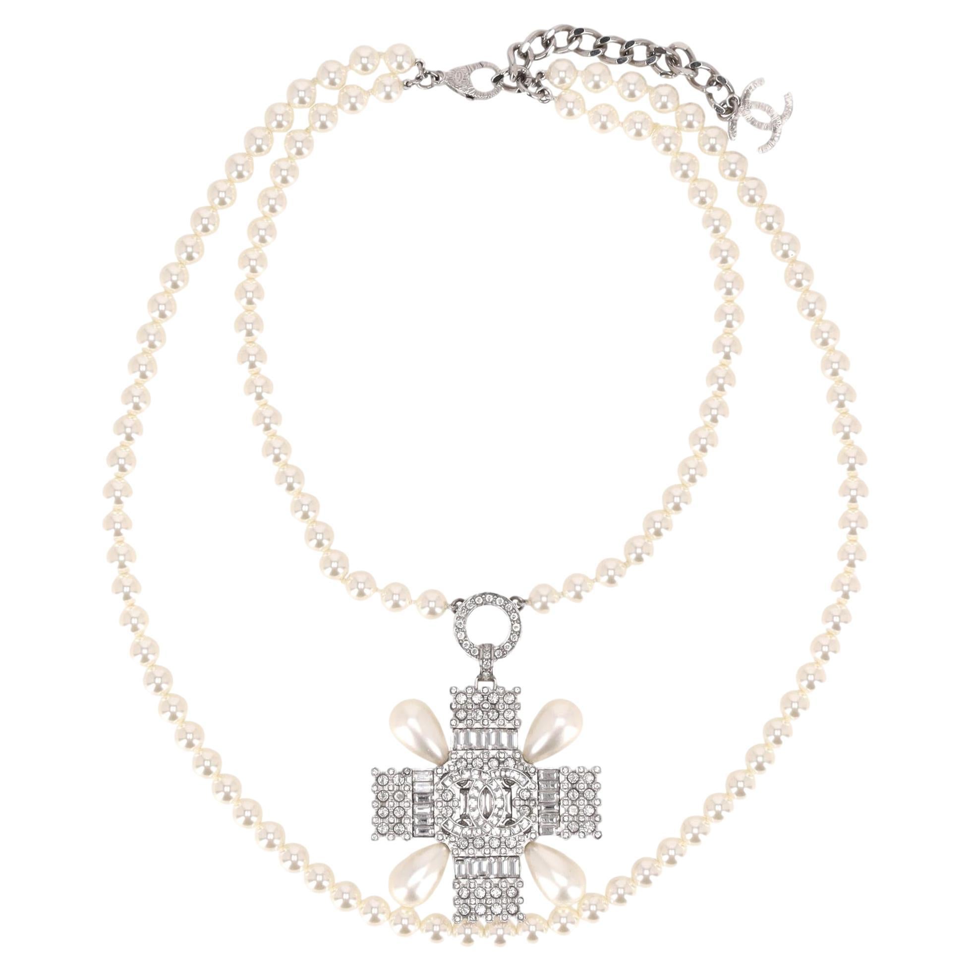 Chanel Double-Strand Pearl Necklace With Crystal Embellished Maltese Cross For Sale