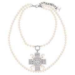 Chanel Double-Strand Pearl Necklace With Crystal Embellished Maltese Cross