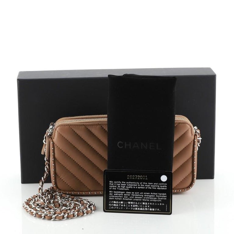 Chanel Double Zip Clutch with Chain Chevron Lambskin with Studded Detail at  1stDibs