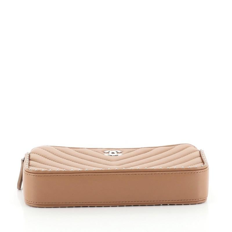 Brown Chanel Double Zip Clutch with Chain Chevron Lambskin with Studded Detail