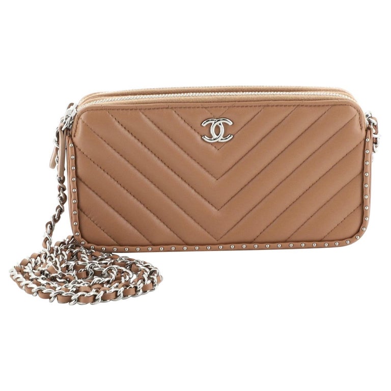 Chanel Double Zip Clutch with Chain Chevron Lambskin with Studded Detail at 1stDibs Chanel Double Zip Clutch with Chain Chevron Lambskin with Studded Detail at 1stDibs