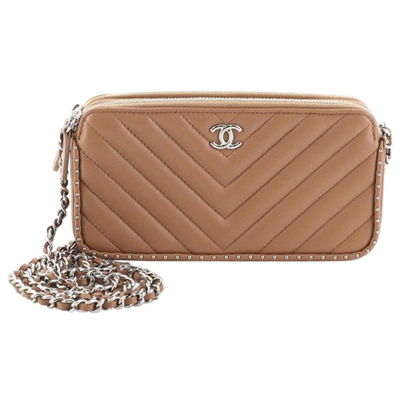 CHANEL Lambskin Chevron Quilted Studded Small Clutch With Chain Beige  1282278