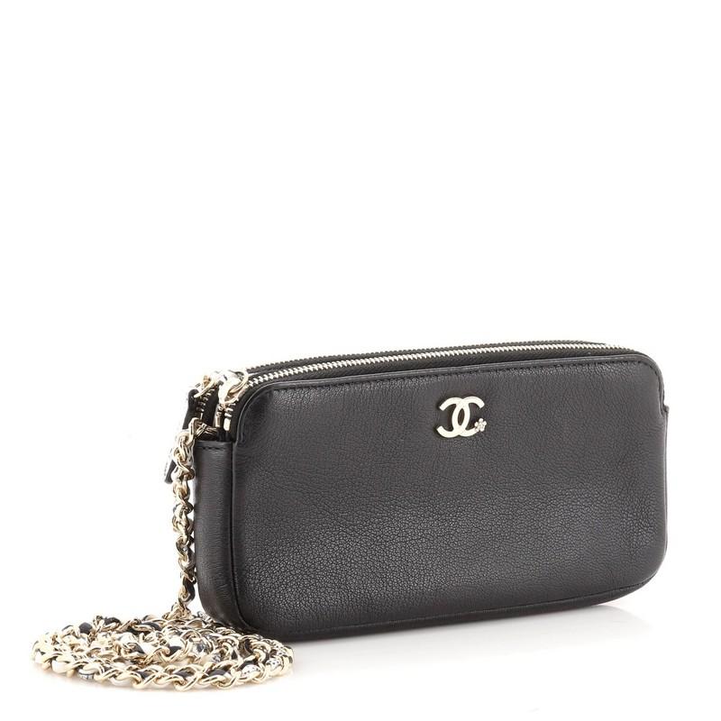 Black Chanel Double Zip Clutch with Chain Leather