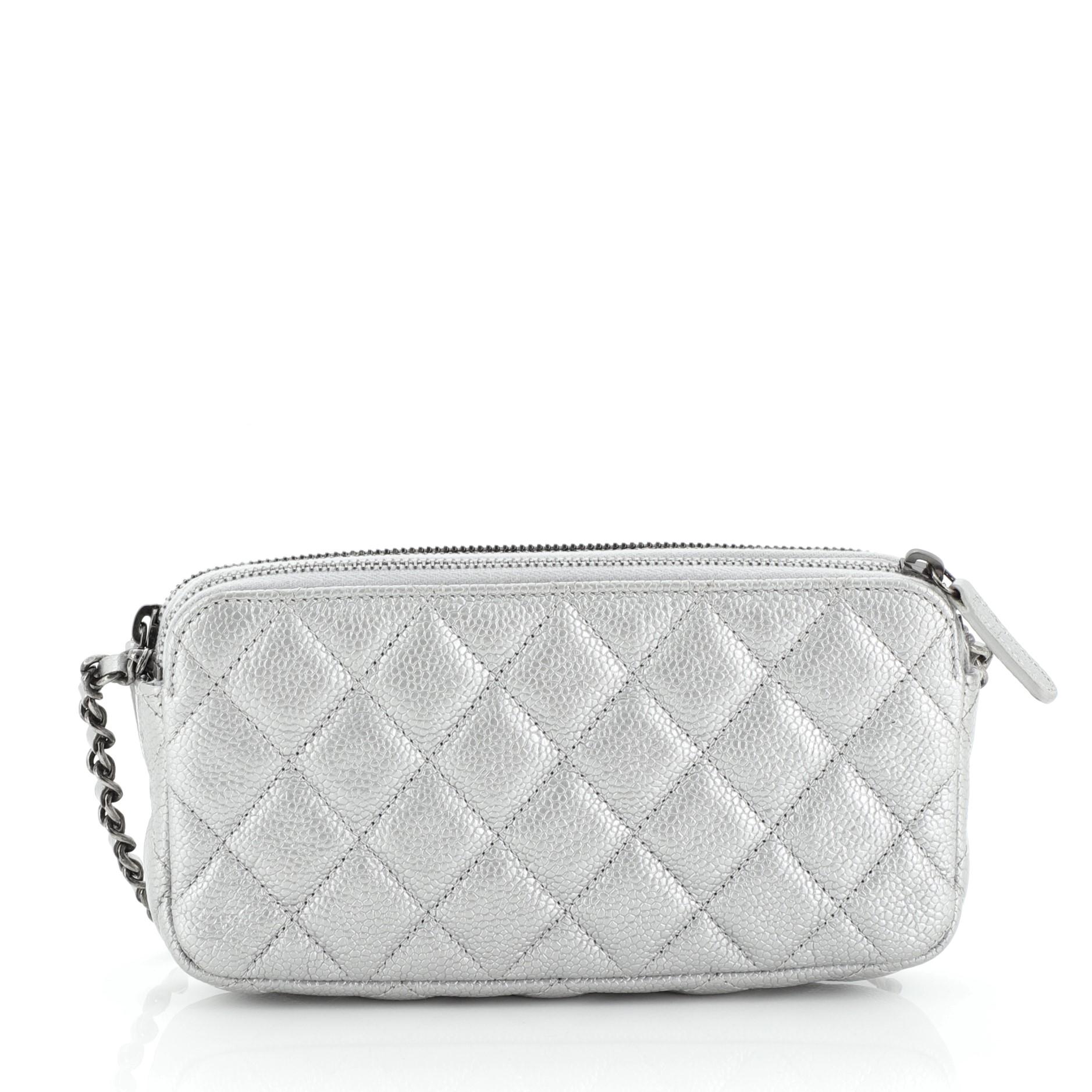 Gray Chanel Double Zip Clutch with Chain Quilted Caviar