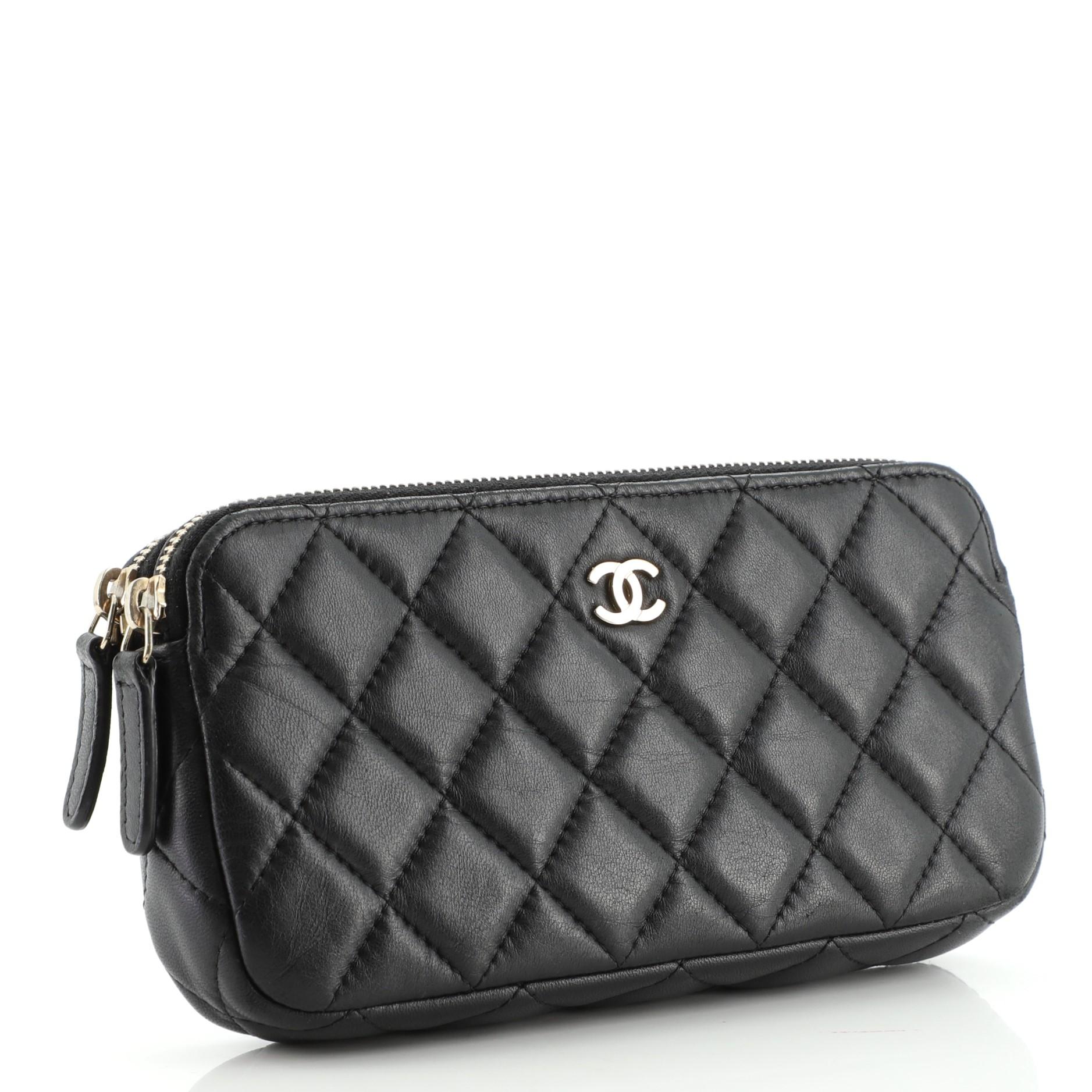 Black Chanel Double Zip Clutch with Chain Quilted Lambskin