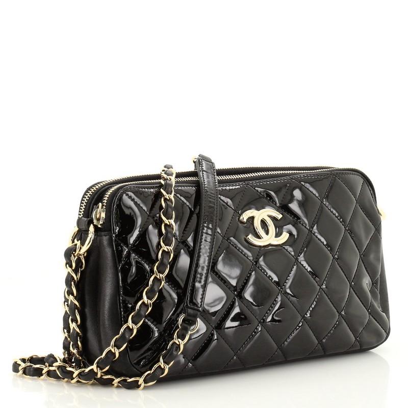 Black Chanel Double Zip Clutch with Chain Quilted Patent Medium
