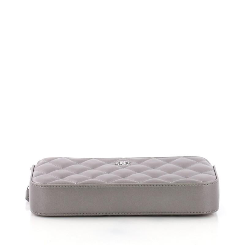 Gray Chanel Double Zip Clutch with Pearl Chain Quilted Lambskin