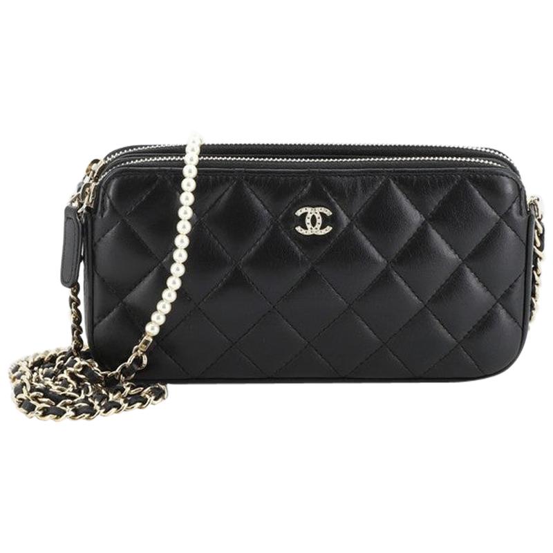 Chanel Double Zip Clutch with Pearl Chain Quilted Lambskin