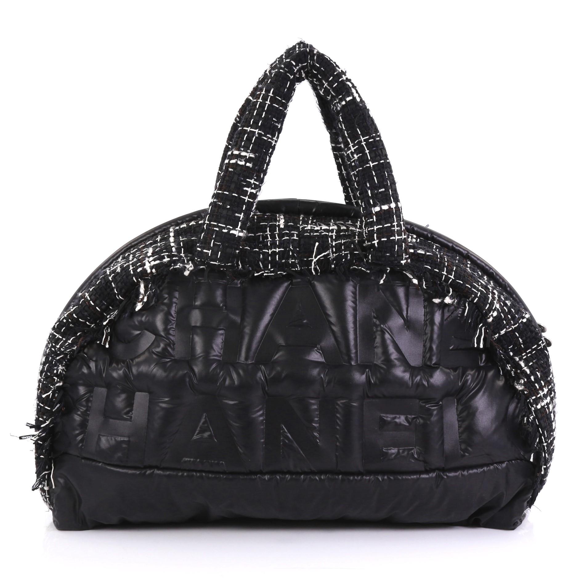 Black Chanel Doudoune Bowling Bag Embossed Nylon with Tweed Large