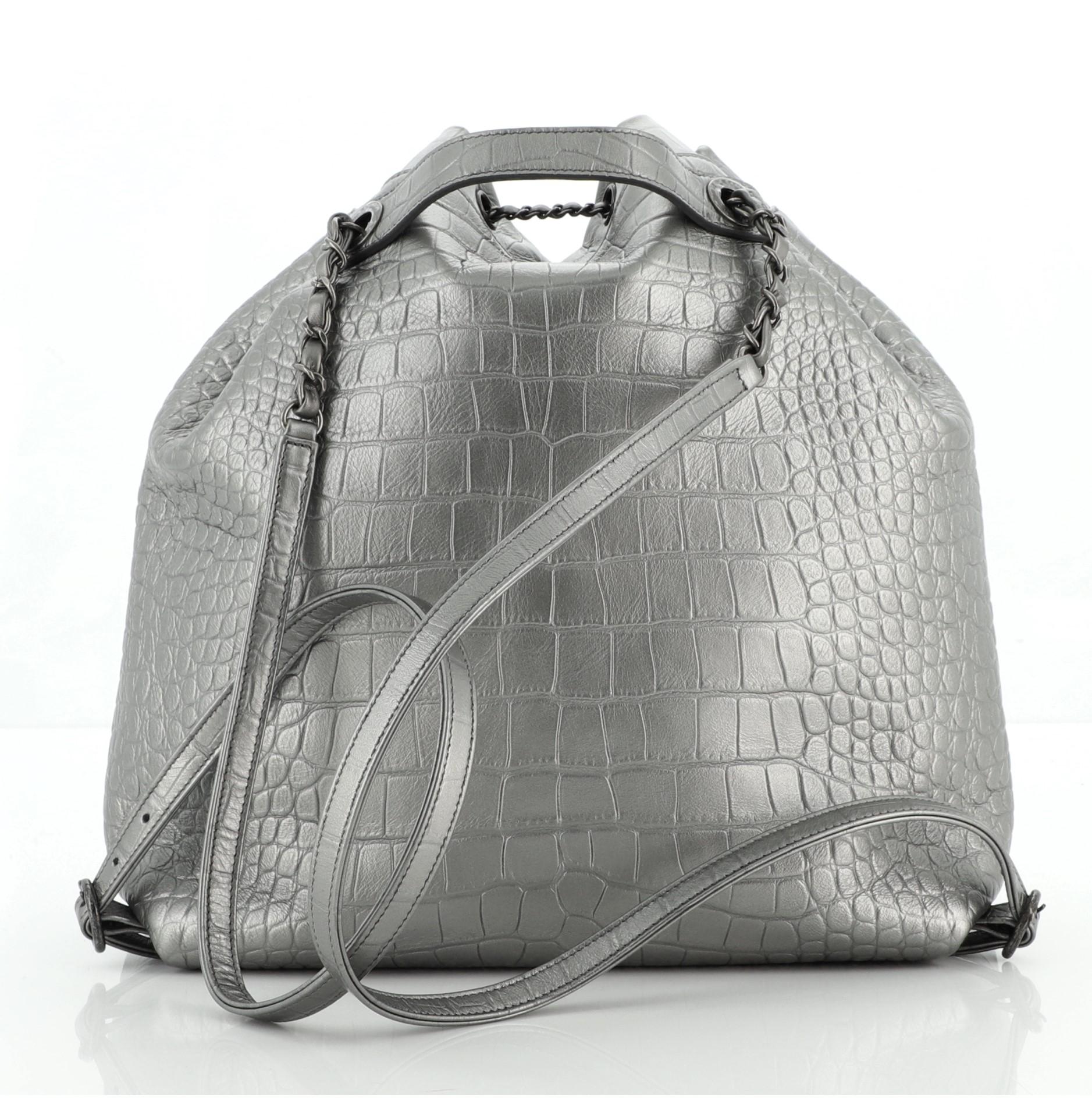 Gray Chanel Drawstring Backpack Crocodile Embossed Calfskin Large