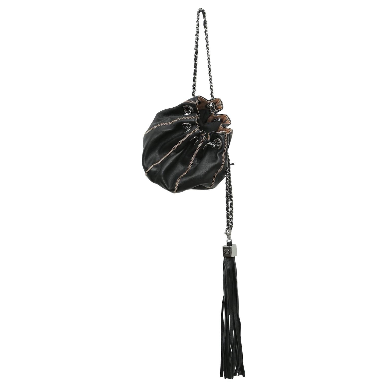 Chanel Drawstring Bag Reversible Sac Cordon Black Lambskin Leather Wristlet