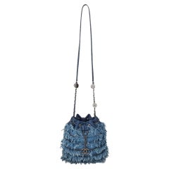 Chanel Drawstring Bucket Cruise 2015 Tweed Fringe & Lambskin Mini Blue Denim Bag