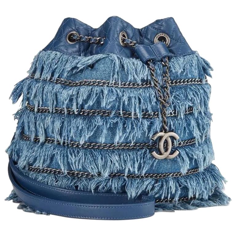 Chanel Drawstring Bucket Cruise 2015 Tweed Fringe and Lambskin Mini Blue Denim  Bag For Sale at 1stDibs