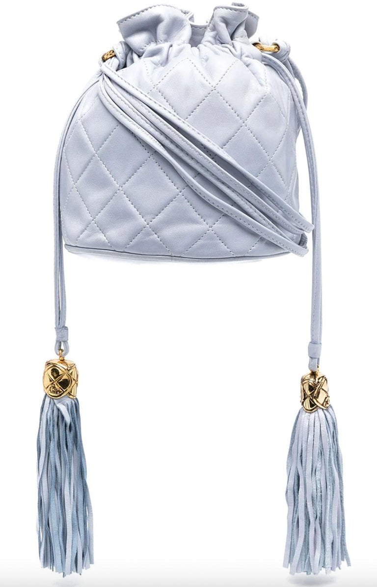 Chanel Drawstring Bucket Quilted Two Tone Light Blue Lambskin Leather Hobo Bag For Sale at 1stDibs