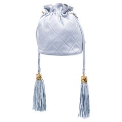 Chanel Drawstring Bucket Quilted Two Tone Light Blue Lambskin Leather Hobo Bag
