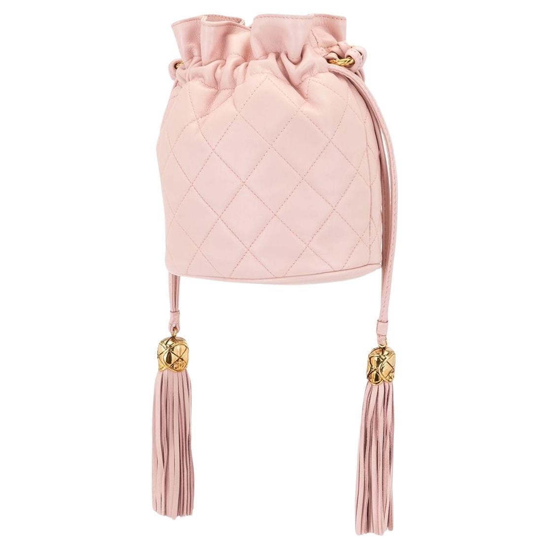 Chanel Drawstring Bucket Quilted Two Tone Light Pink Lambskin Leather Hobo Bag For Sale