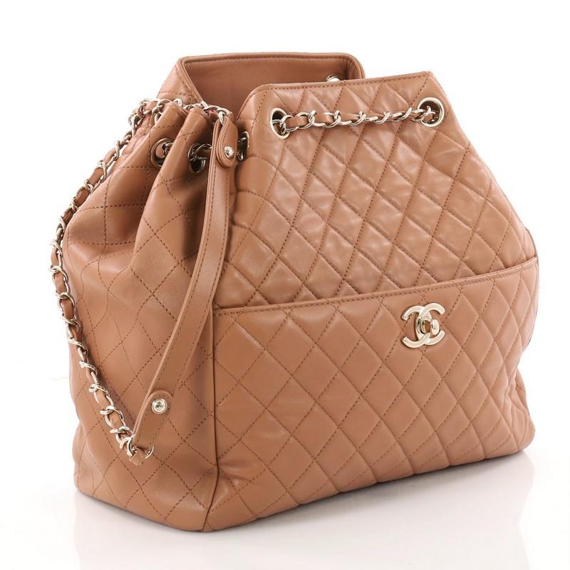 Brown Chanel Drawstring CC Lock Bucket Bag Quilted Lambskin Medium
