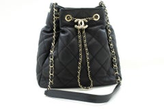 CHANEL Drawstring Chain Shoulder Bag Black Quilted Purse Lambskin