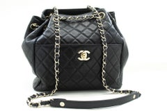 CHANEL Drawstring Chain Shoulder Bag Black Quilted Purse Lambskin