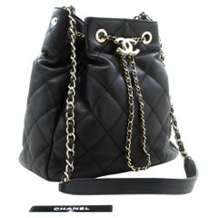 CHANEL Drawstring Chain Shoulder Bag Black Quilted Purse Lambskin
