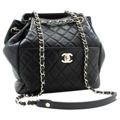 CHANEL Drawstring Chain Shoulder Bag Black Quilted Purse Lambskin