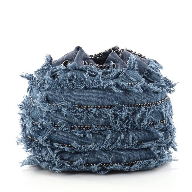 Chanel Drawstring Charm Bucket Bag Fringe Denim  In Excellent Condition In NY, NY