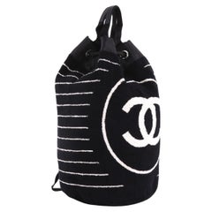 Chanel Drawstring Large Dark Navy Blue Striped CC Logo Beach Tote