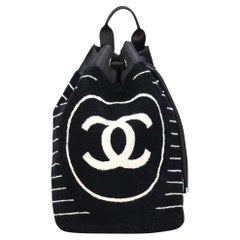 Chanel Drawstring Large Dark Navy Blue Striped CC Logo Beach Tote