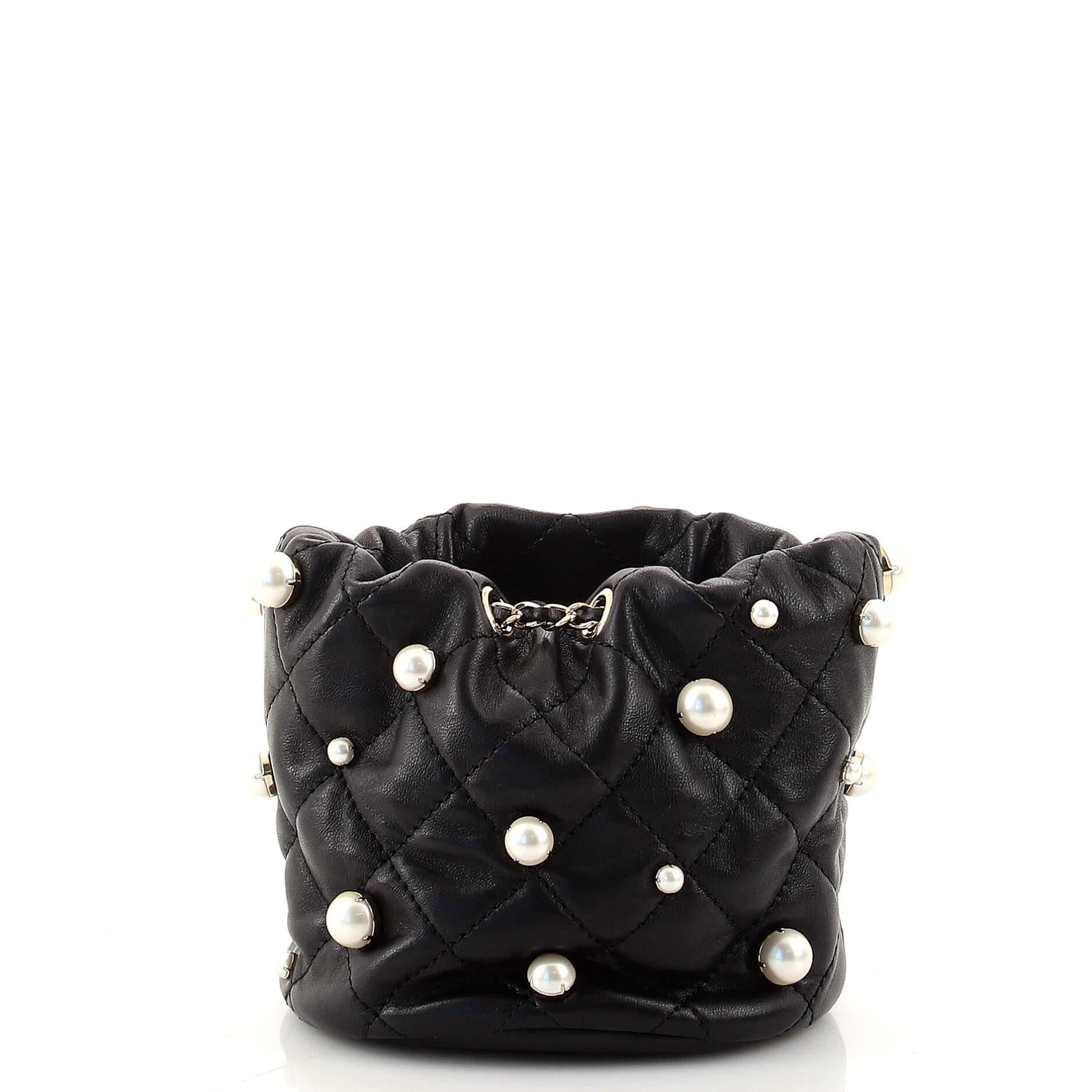 Chanel Drawstring Round Bucket Bag Pearl Embellished Quilted Lambskin Min In Good Condition In NY, NY