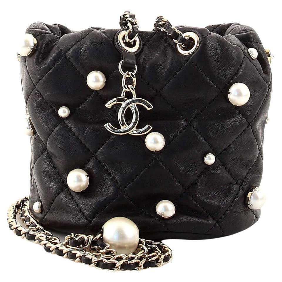 Chanel Drawstring Round Bucket Bag Pearl Embellished Quilted Lambskin ...