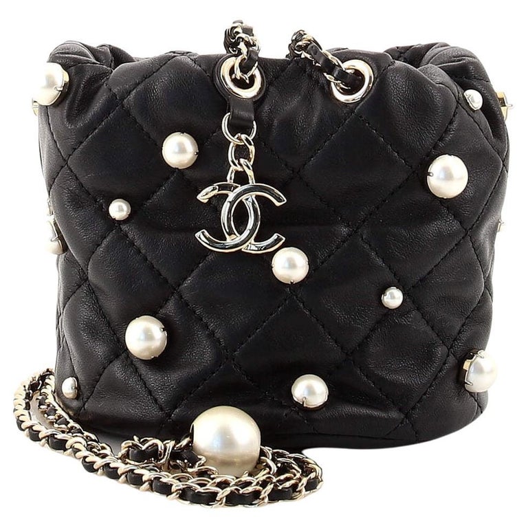Chanel Drawstring Round Bucket Bag Pearl Embellished Quilted Lambskin