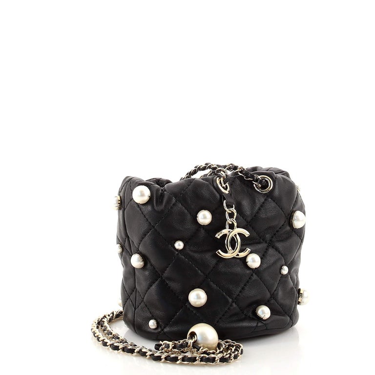 Chanel Drawstring Round Bucket Bag Pearl Embellished Quilted Lambskin
