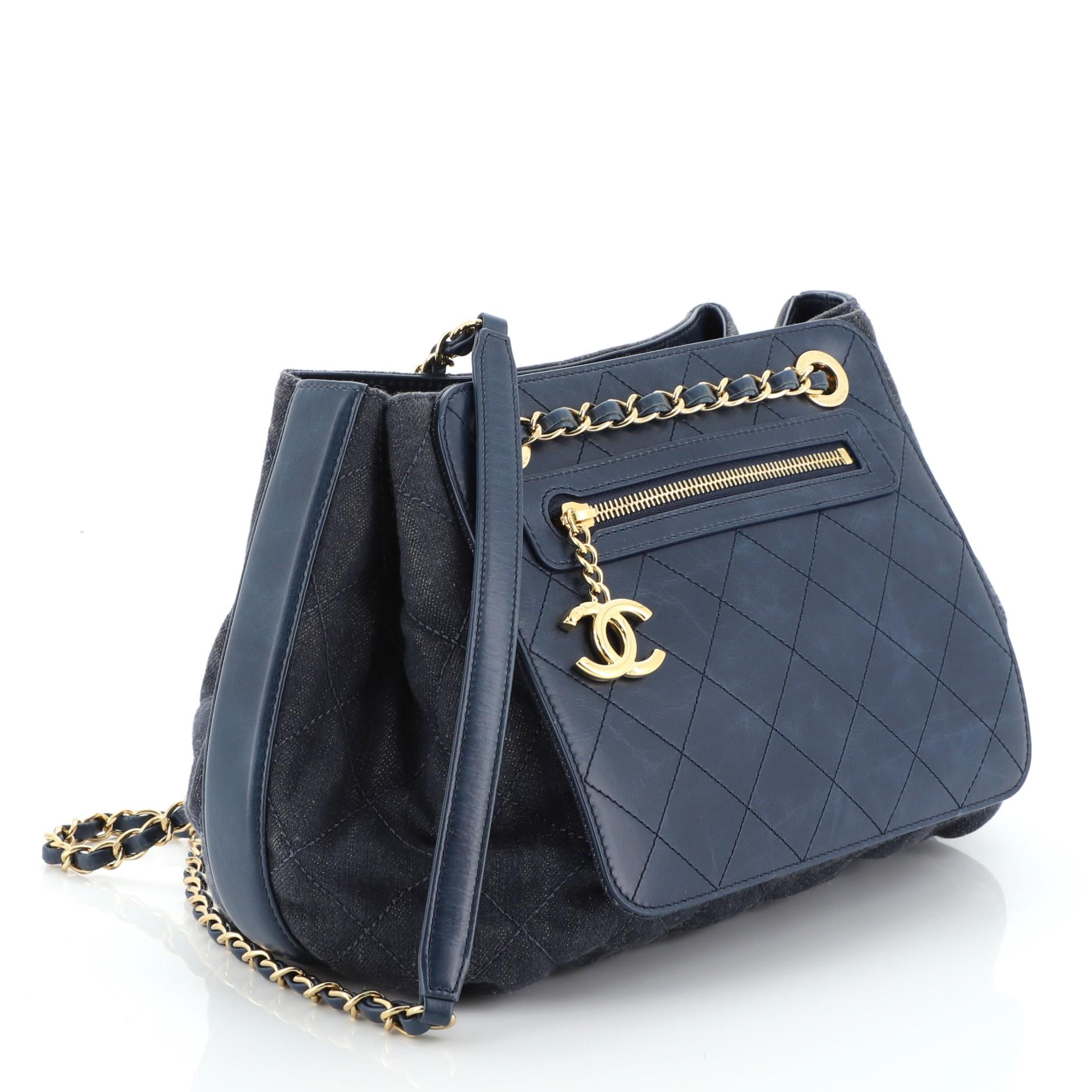 Black Chanel Drawstring Shoulder Bag Quilted Denim and Aged Calfskin Medium