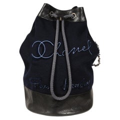 Chanel Drawstring Sling Backpack Wool Navy Black Leather Travel Carry On Duffle