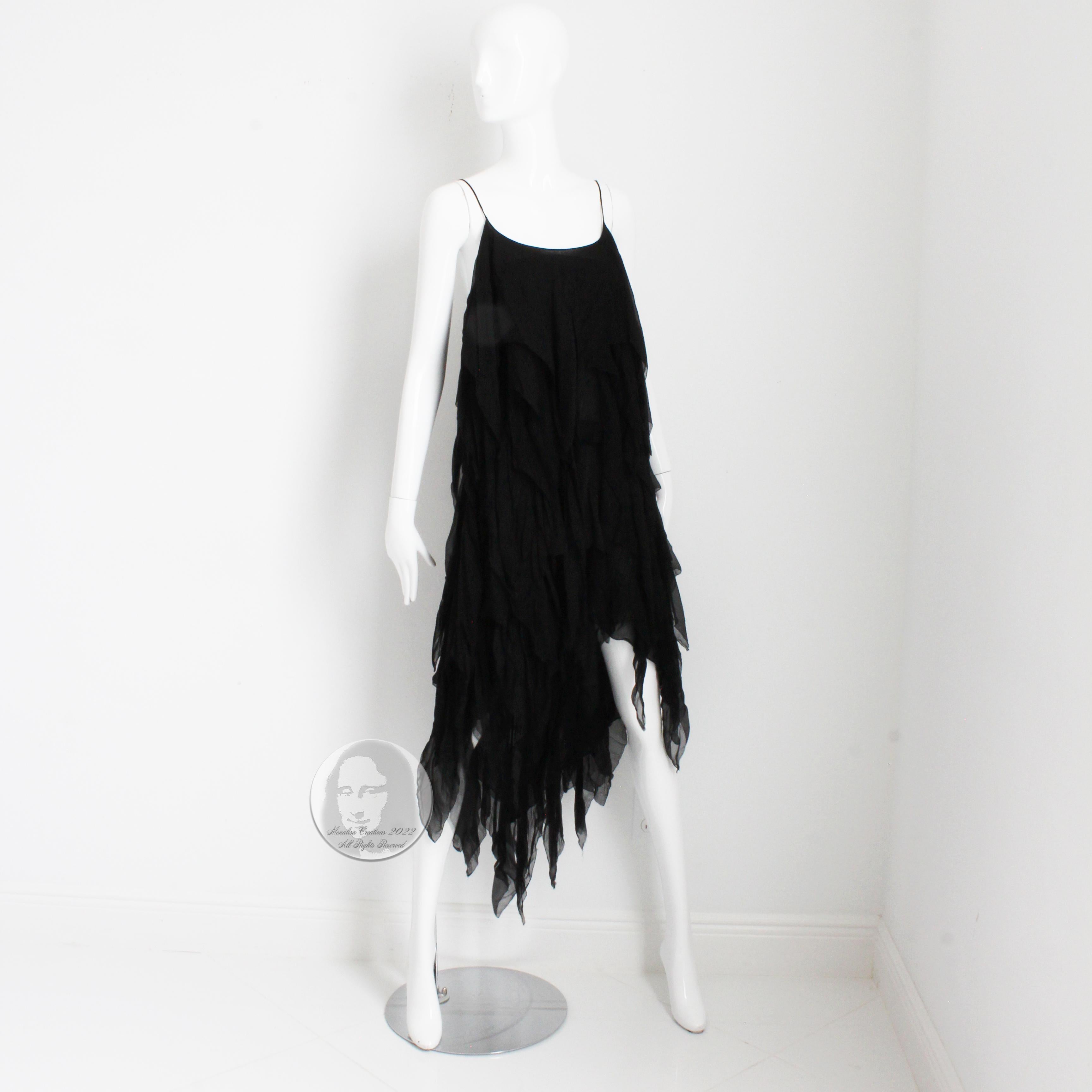 Women's Chanel Dress Black Silk Chiffon Panels Layers LBD Flapper Style Rare 70s 