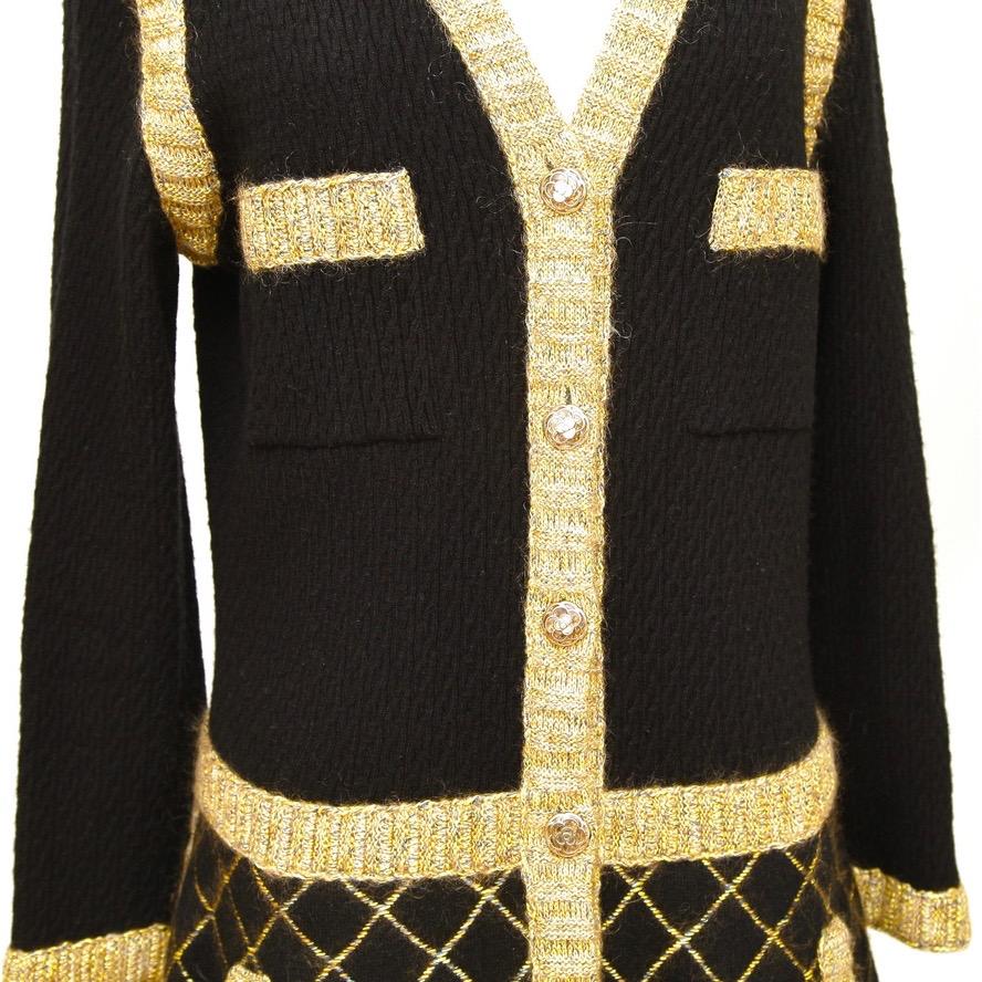 Women's CHANEL Dress Knit Sweater Black Gold Camellia Long Sleeve Cashmere Sz 42 2015