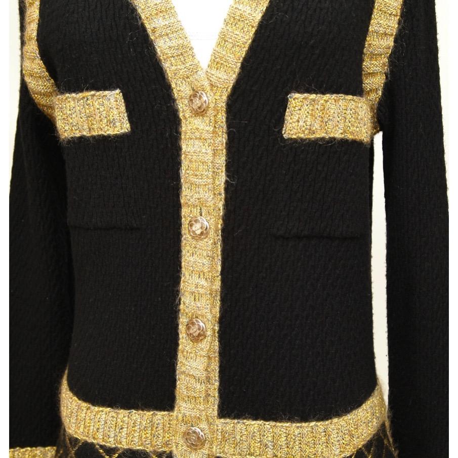 CHANEL Dress Knit Sweater Black Gold Camellia Long Sleeve Cashmere Sz 42 2015 1