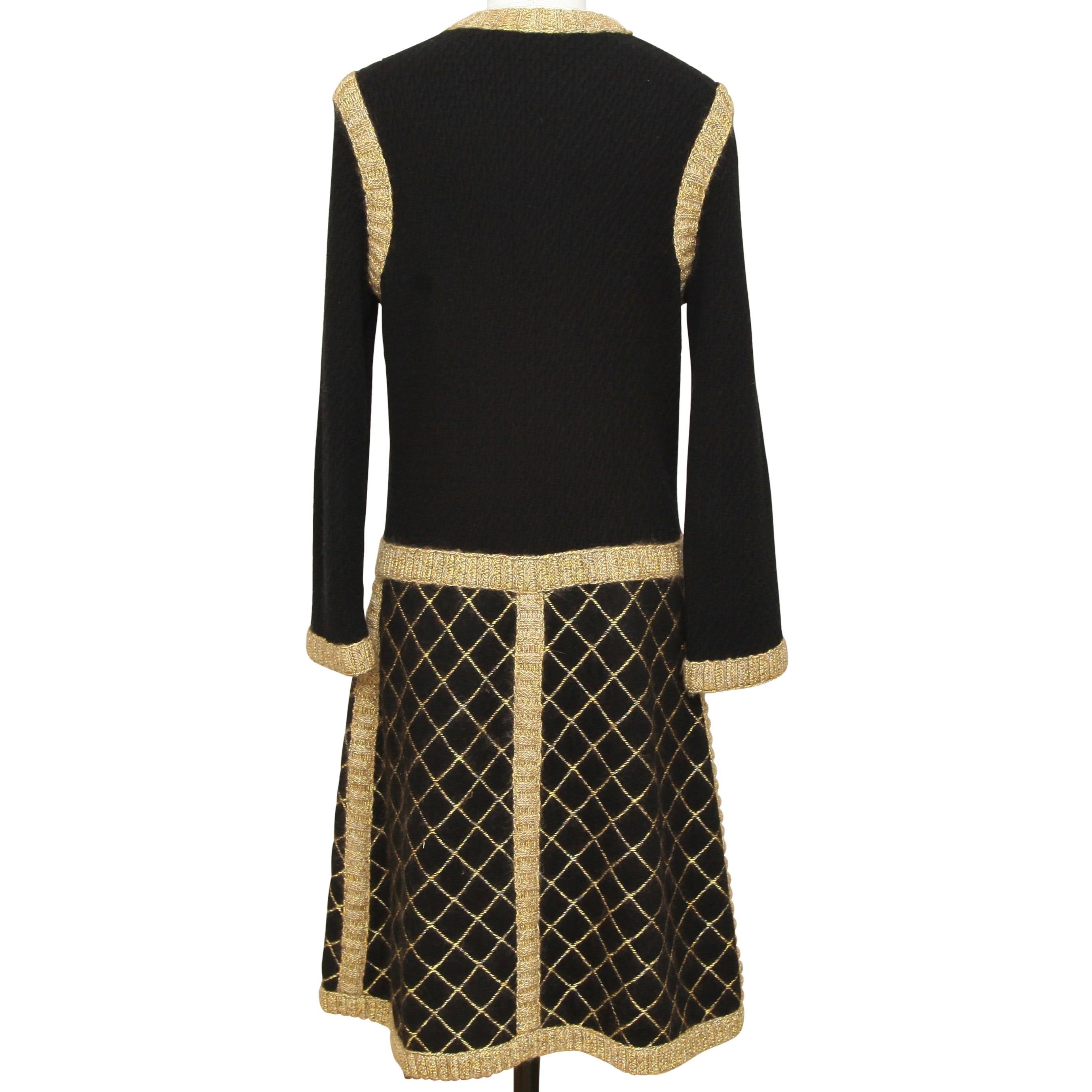 CHANEL Dress Knit Sweater Black Gold Camellia Long Sleeve Cashmere Sz 42 2015 2