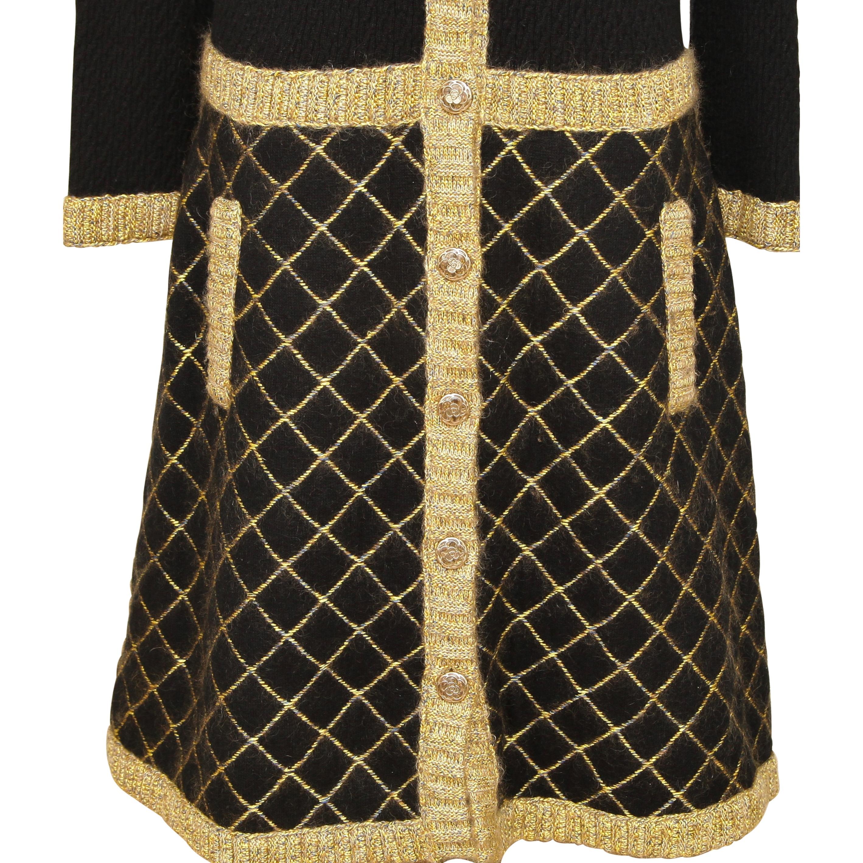 CHANEL Dress Knit Sweater Black Gold Camellia Long Sleeve Cashmere Sz 42 2015 3