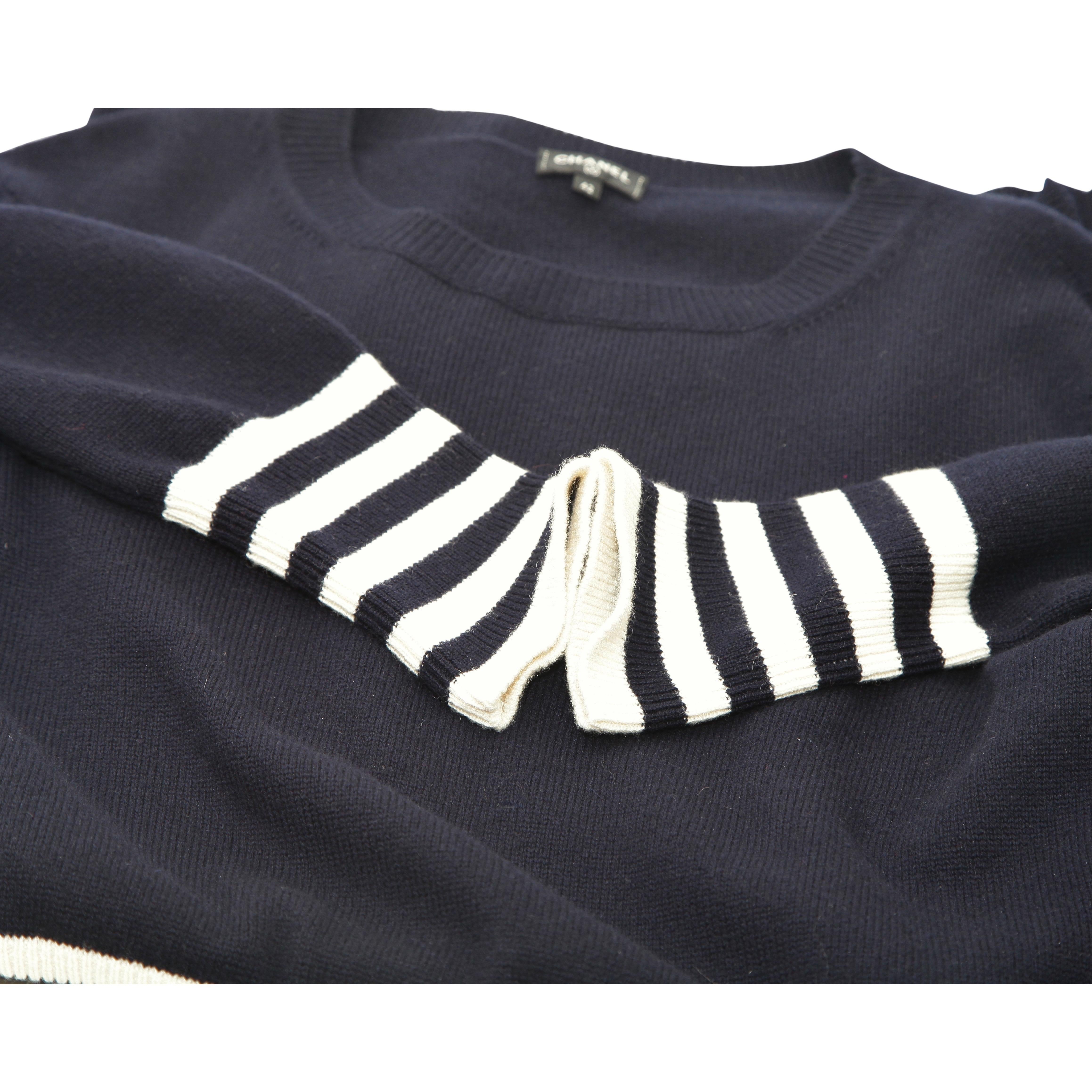 CHANEL Sweater Dress Tunic Knit Navy Striped Long Sleeve Cashmere Sz 42 2016 16K 1