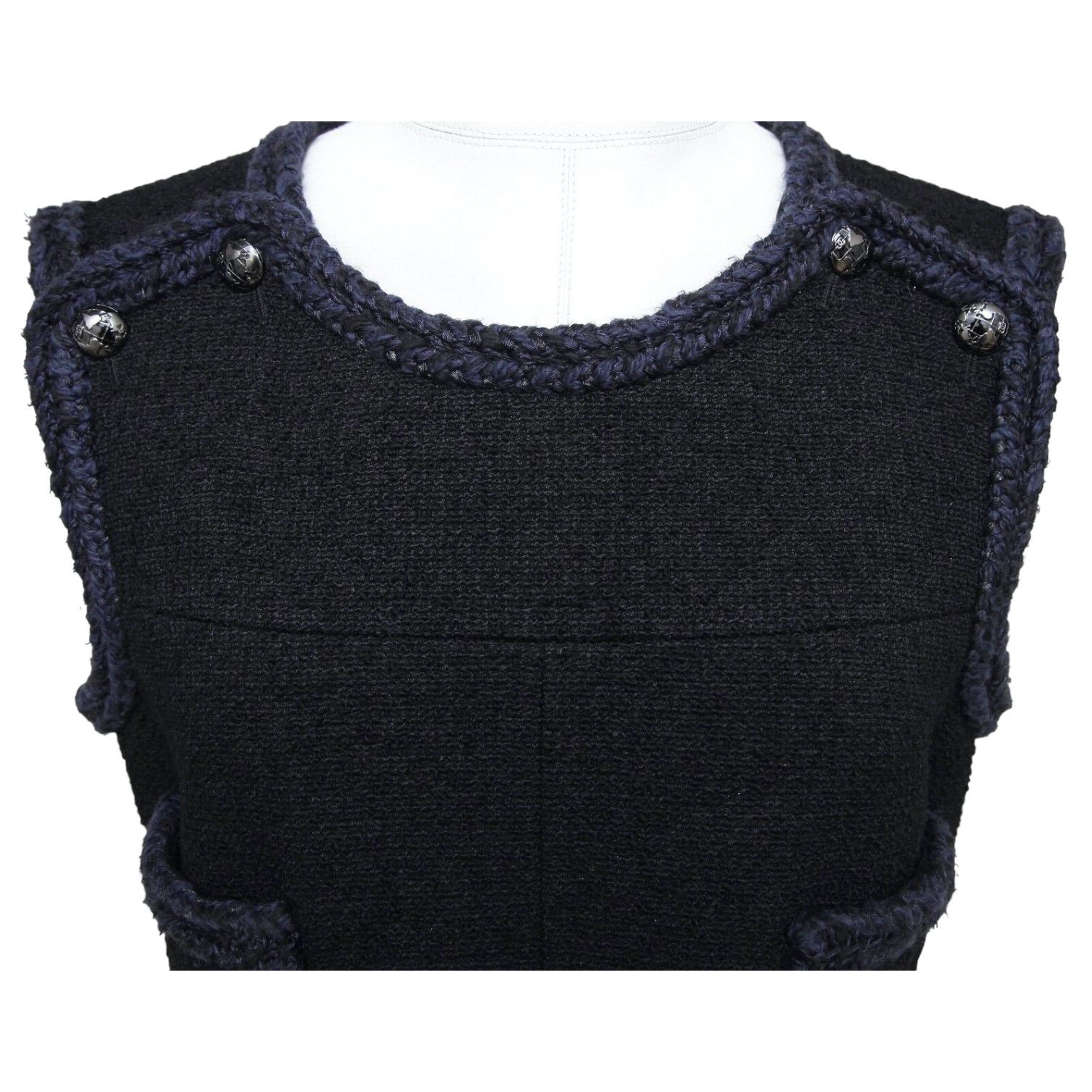 Women's CHANEL Dress Tweed Black Navy Sleeveless Braided Trim Wool Silk Sz 42 2013 For Sale
