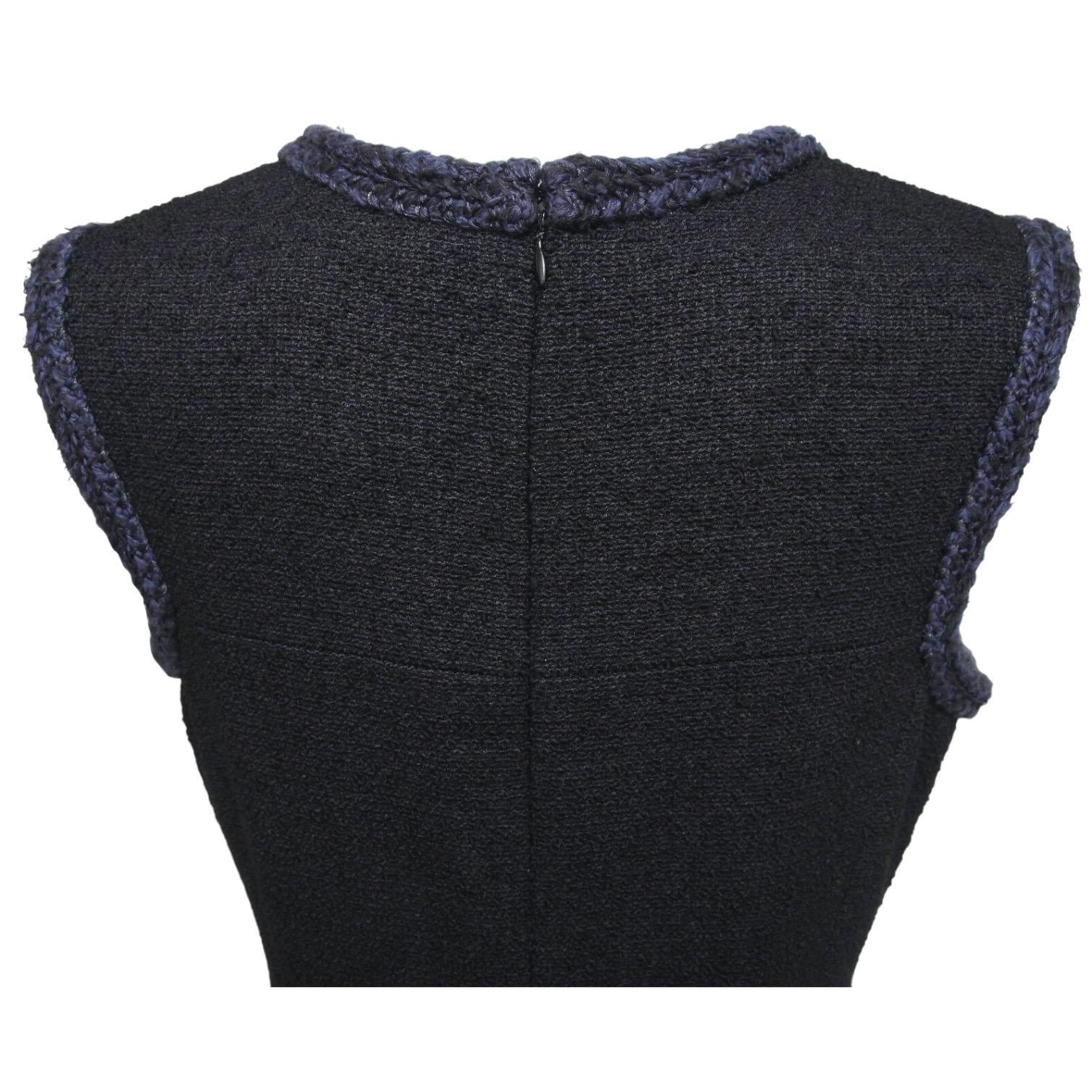 CHANEL Dress Tweed Black Navy Sleeveless Braided Trim Wool Silk Sz 42 2013 For Sale 2