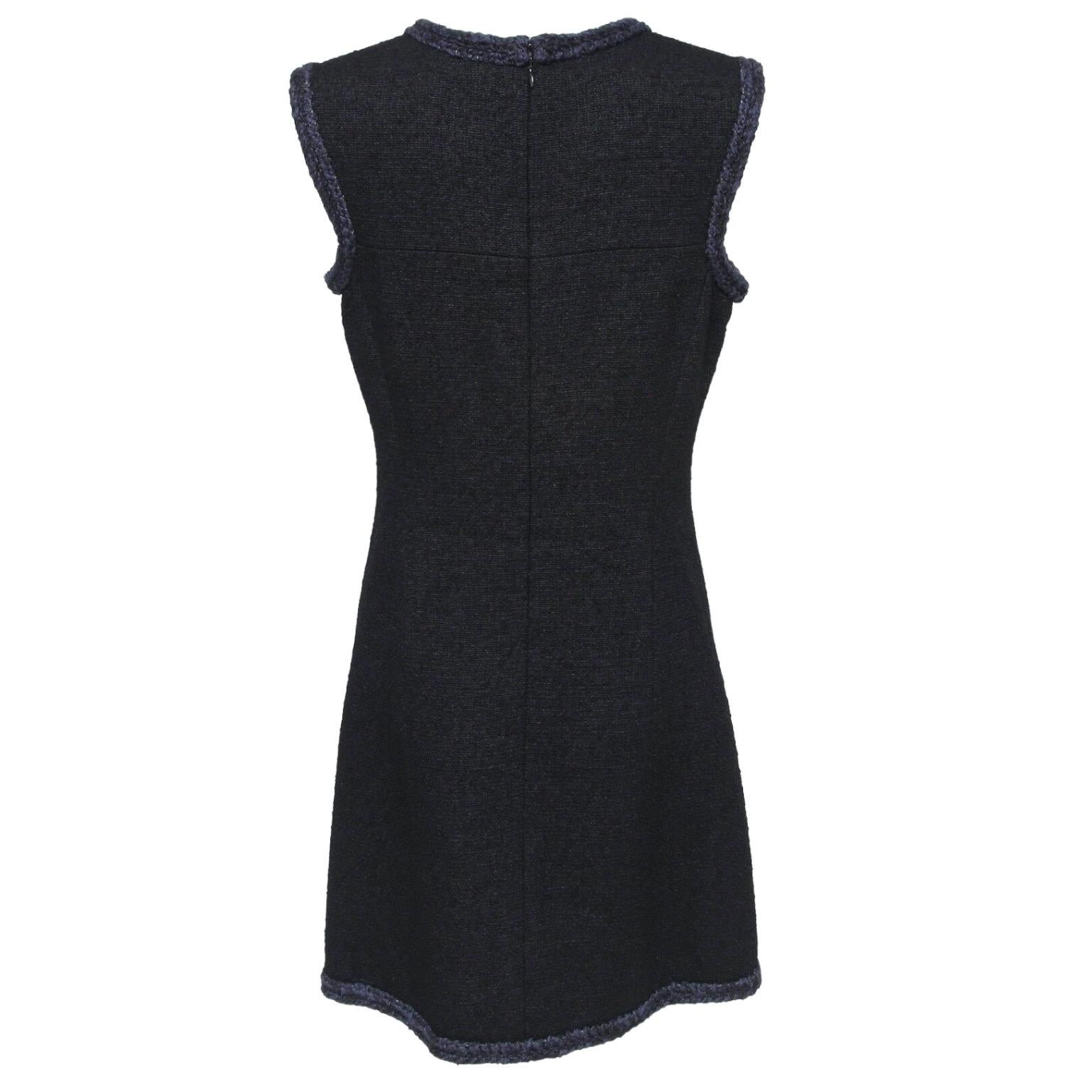CHANEL Dress Tweed Black Navy Sleeveless Braided Trim Wool Silk Sz 42 2013 For Sale 3