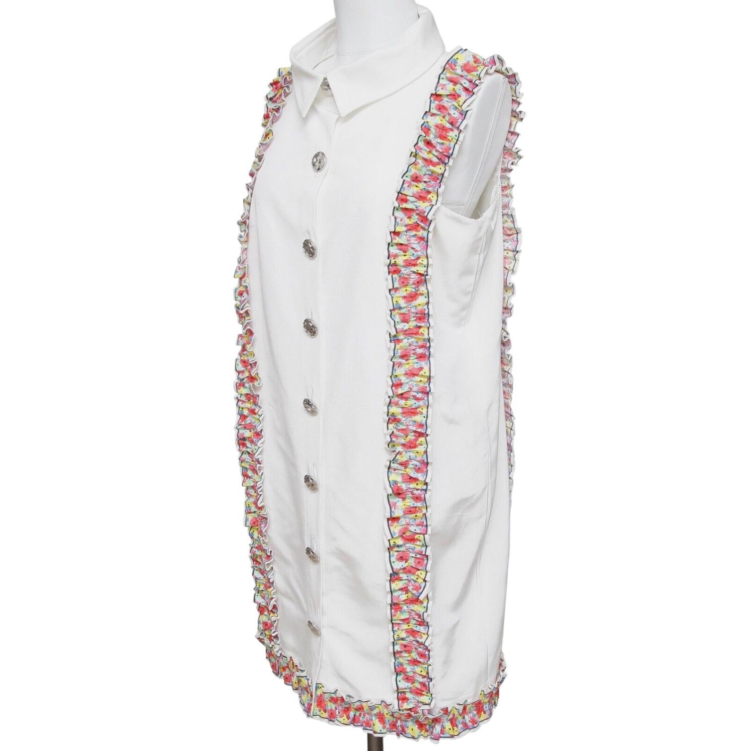 CHANEL Dress White Sleeveless Multicolor Floral Silver HW Collar 42 RUNWAY 2016 In Fair Condition In Hollywood, FL