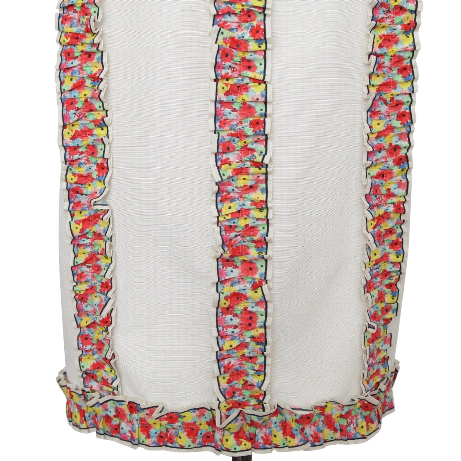 Women's CHANEL Dress White Sleeveless Multicolor Floral Silver HW Collar 42 RUNWAY 2016