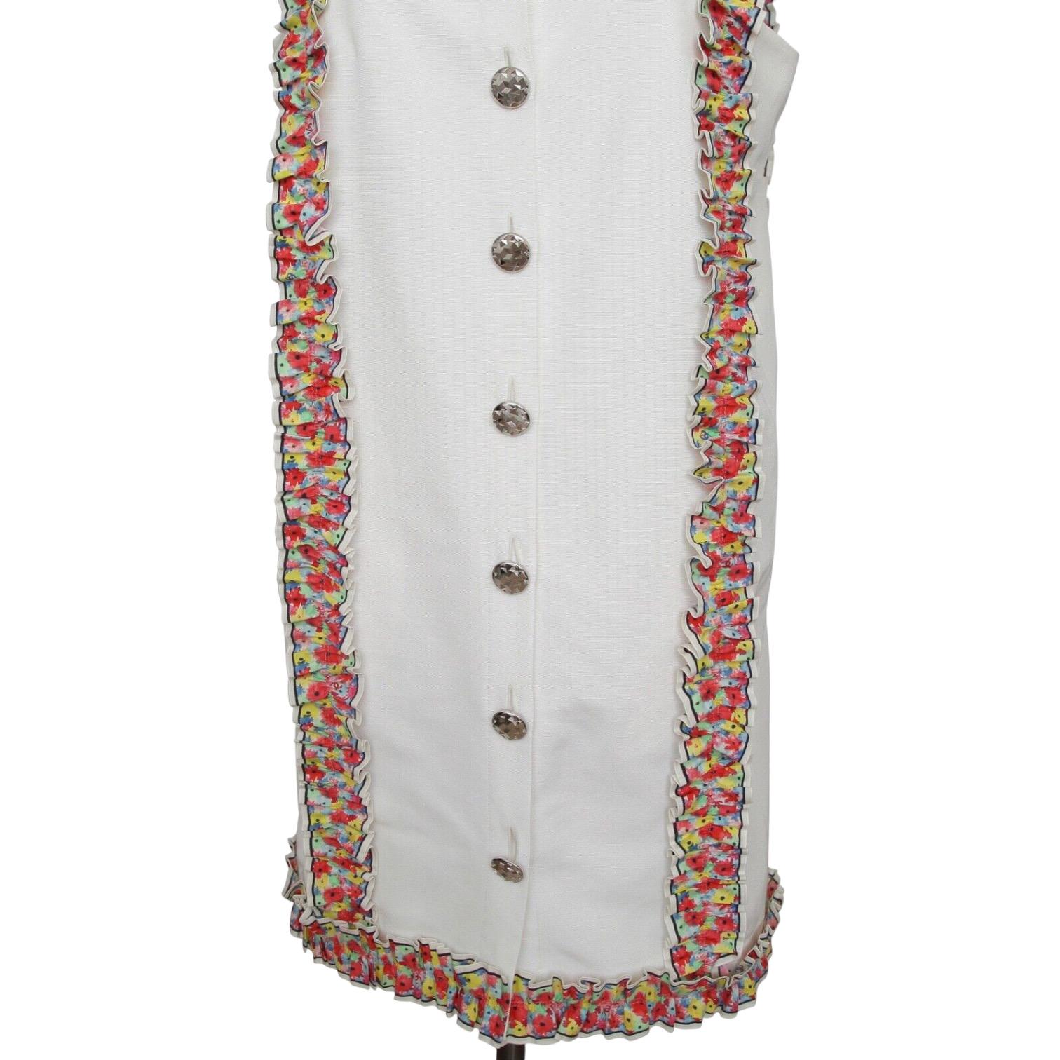 CHANEL Dress White Sleeveless Multicolor Floral Silver HW Collar 42 RUNWAY 2016 2