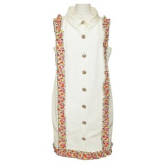CHANEL Dress White Sleeveless Multicolor Floral Silver HW Collar 42 RUNWAY 2016