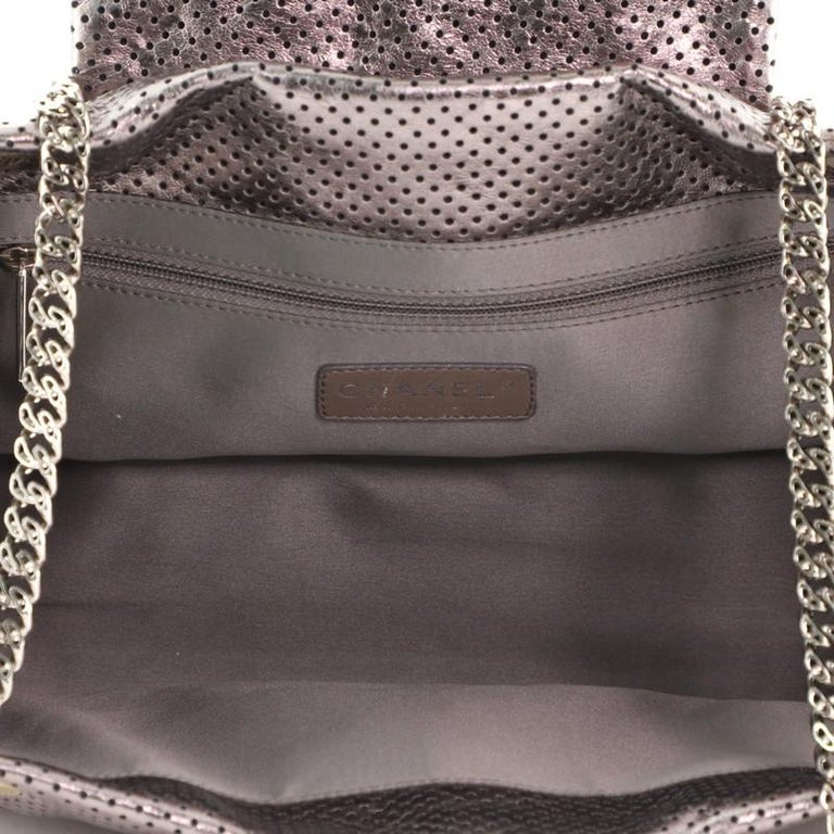 CHANEL Metallic Crackled Calfskin Perforated Drill Flap Silver 1158686