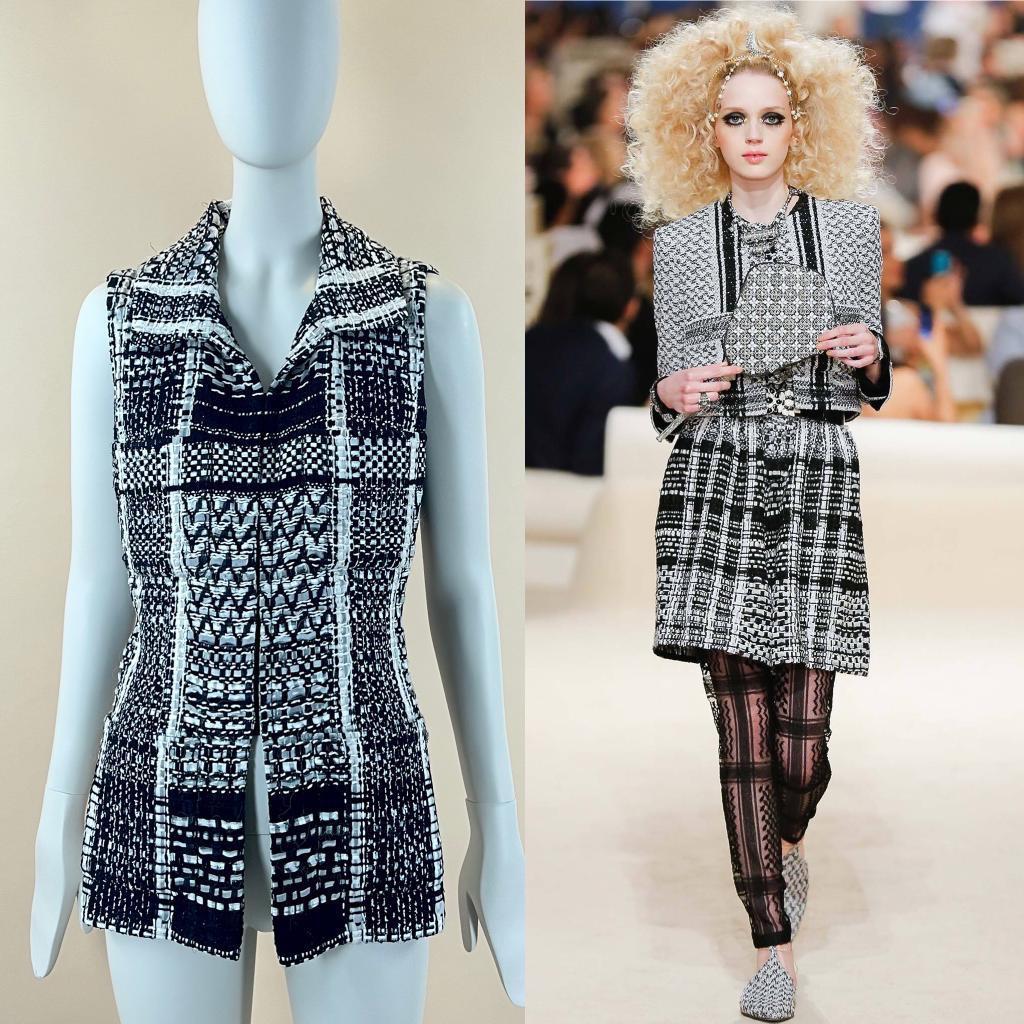 Chanel black ribbon tweed vest from Paris / DUBAI 2015 Cruise collection.
CC logo charm at waist. Size mark 38 fr.
Kept unworn. Please note, that due to specifics of ribbon tweed some natural fringe may appear (could be seen on pictures)